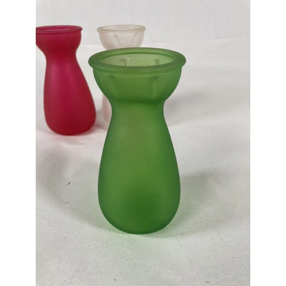 3 Bud Vases Red Pink, Frosted White Brilliant Green 4” Tall Cottagecore